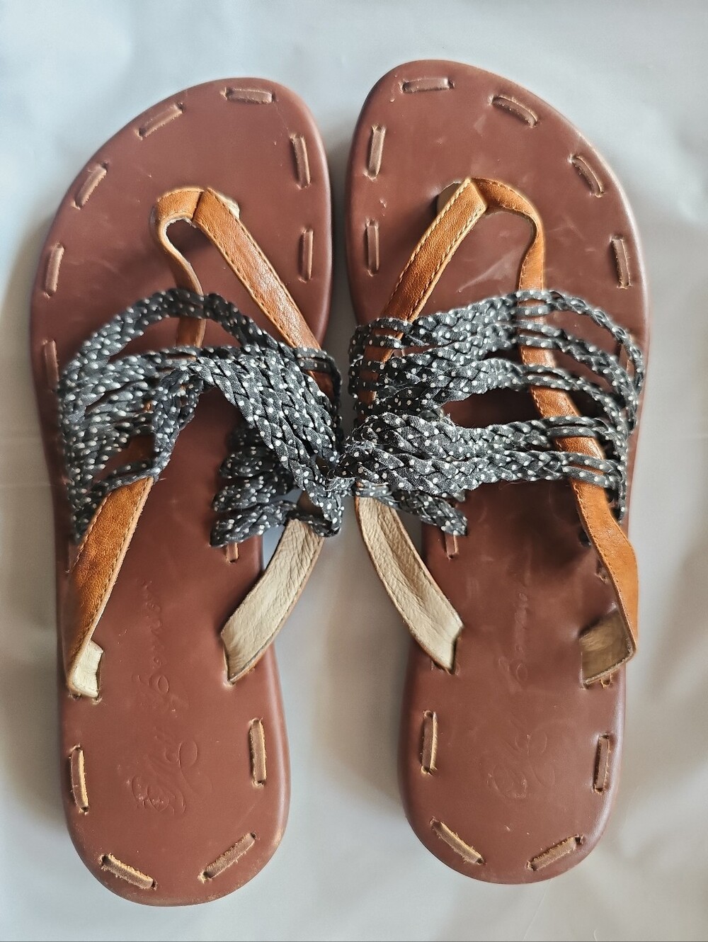 Matt Bernson Brown Footbed Sandals with Black Braided Straps Leather, New